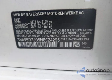 2022 BMW 330I xDrive из США, поврежденный, VIN 3MW5R7J05N8C24295
